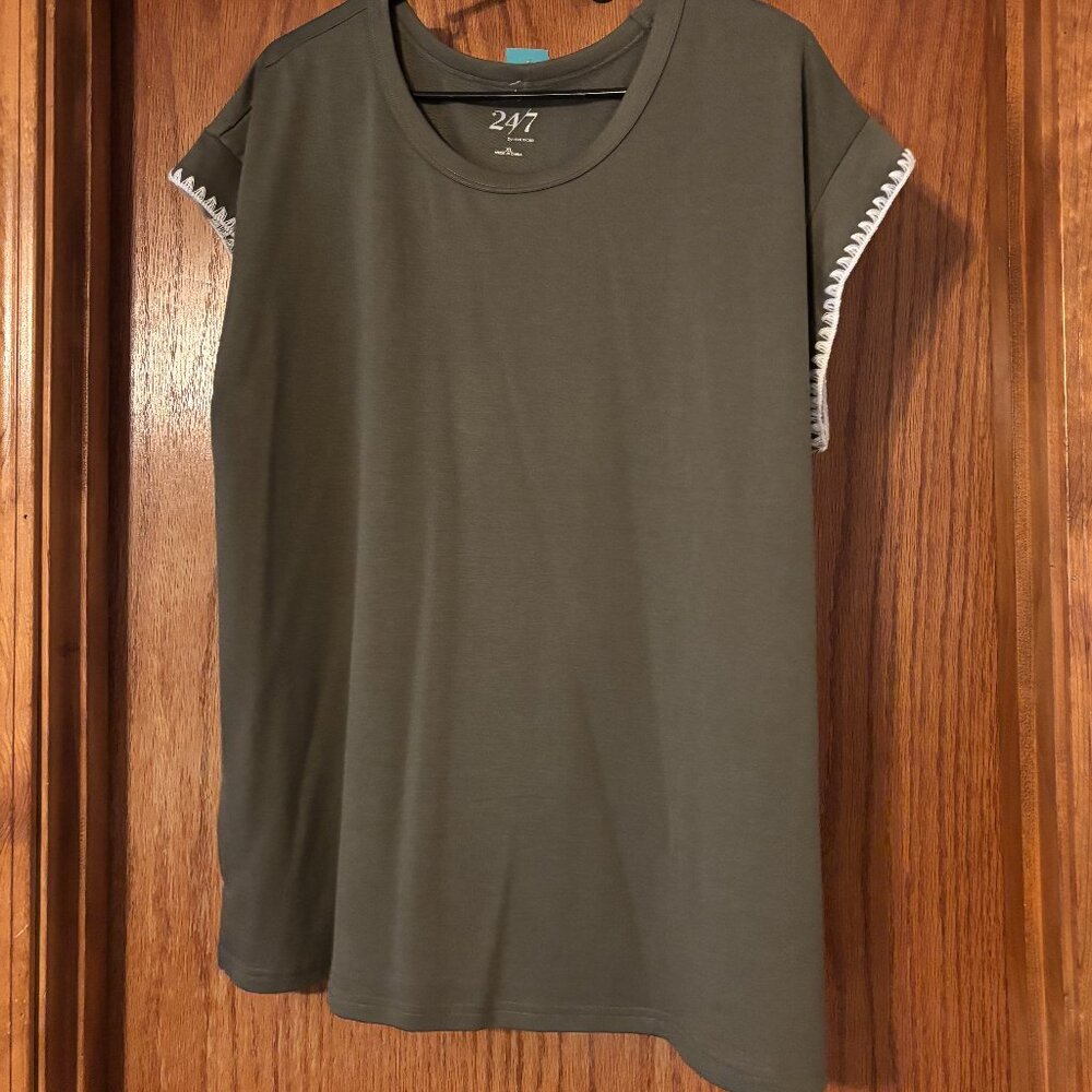 Olive Green Women's Top with Embroidered White Trim